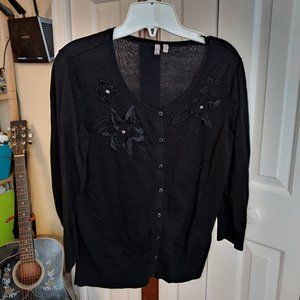 Nordstrom Caslon Black Embriodered Flower Cardigan Sweater